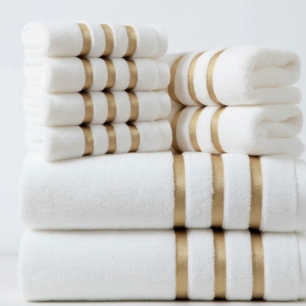 Bath Towel Set with Cotton Terry Cloth and Gold Stripes 8-Piece - Image 4