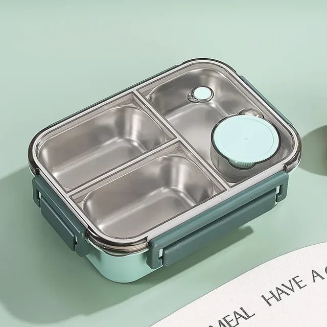 Bento Lunch Box with Stainless Steel Tray Three Compartments and Leak-Proof Lid - Image 2