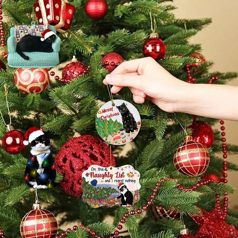 Cat Christmas Ornaments with Custom Designs Flat Acrylic Tree Pendants with Gold Plated Hanging String - Image 1