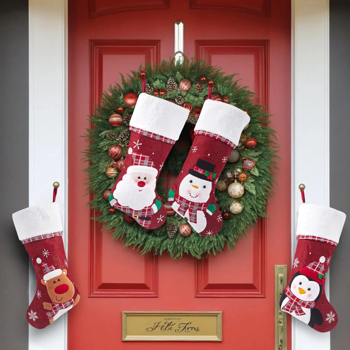 Christmas Stockings with Plush Cuff Embroidered Snowflakes and Applique Details - Image 5