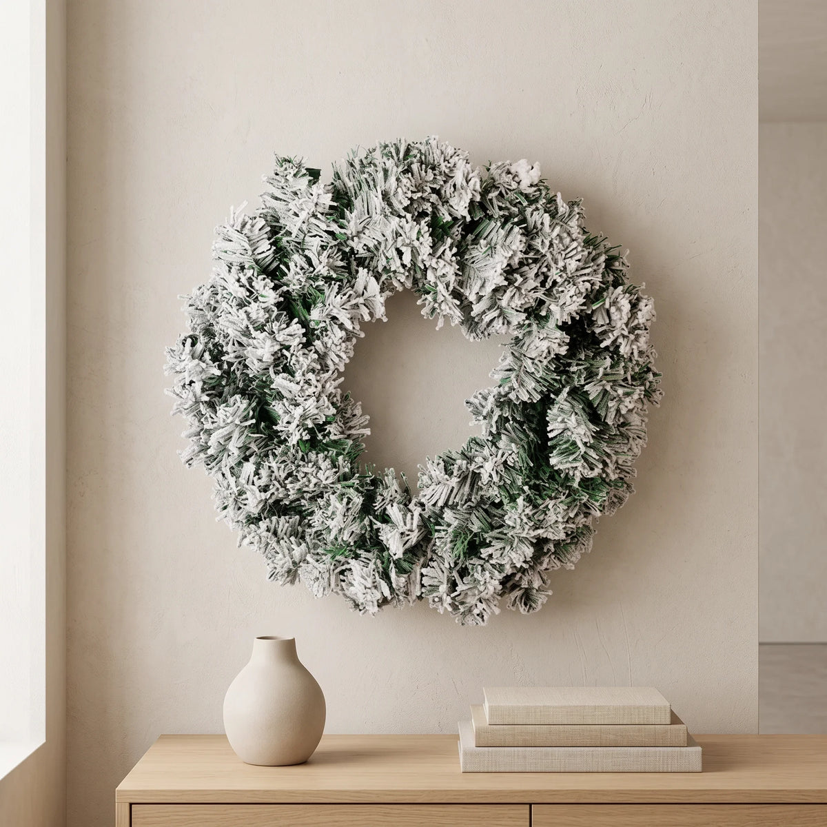 Christmas Wreath with Flocked Pine Needles and Snow-Covered Design for Front Door - Image 1