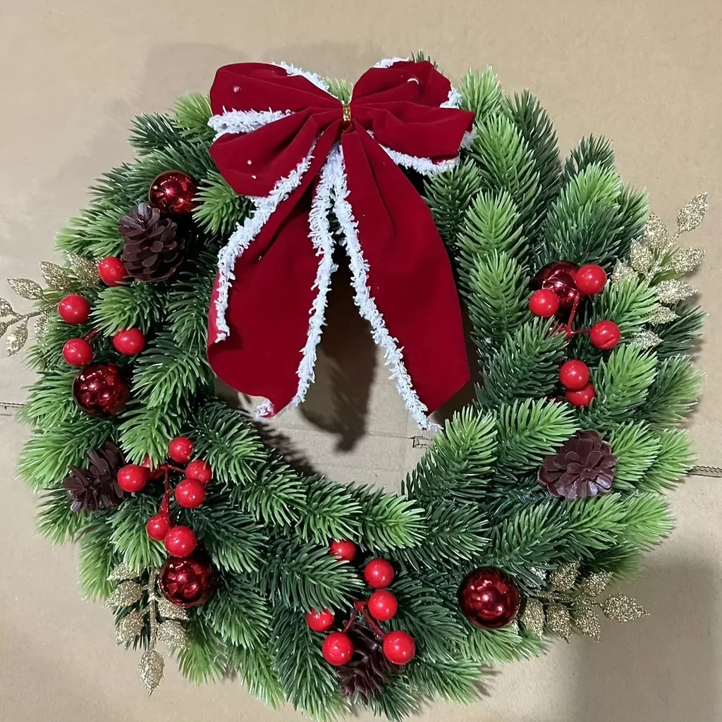 Christmas Wreath with Red Velvet Bow Artificial Pine Ornaments and Fairy Lights - Image 2