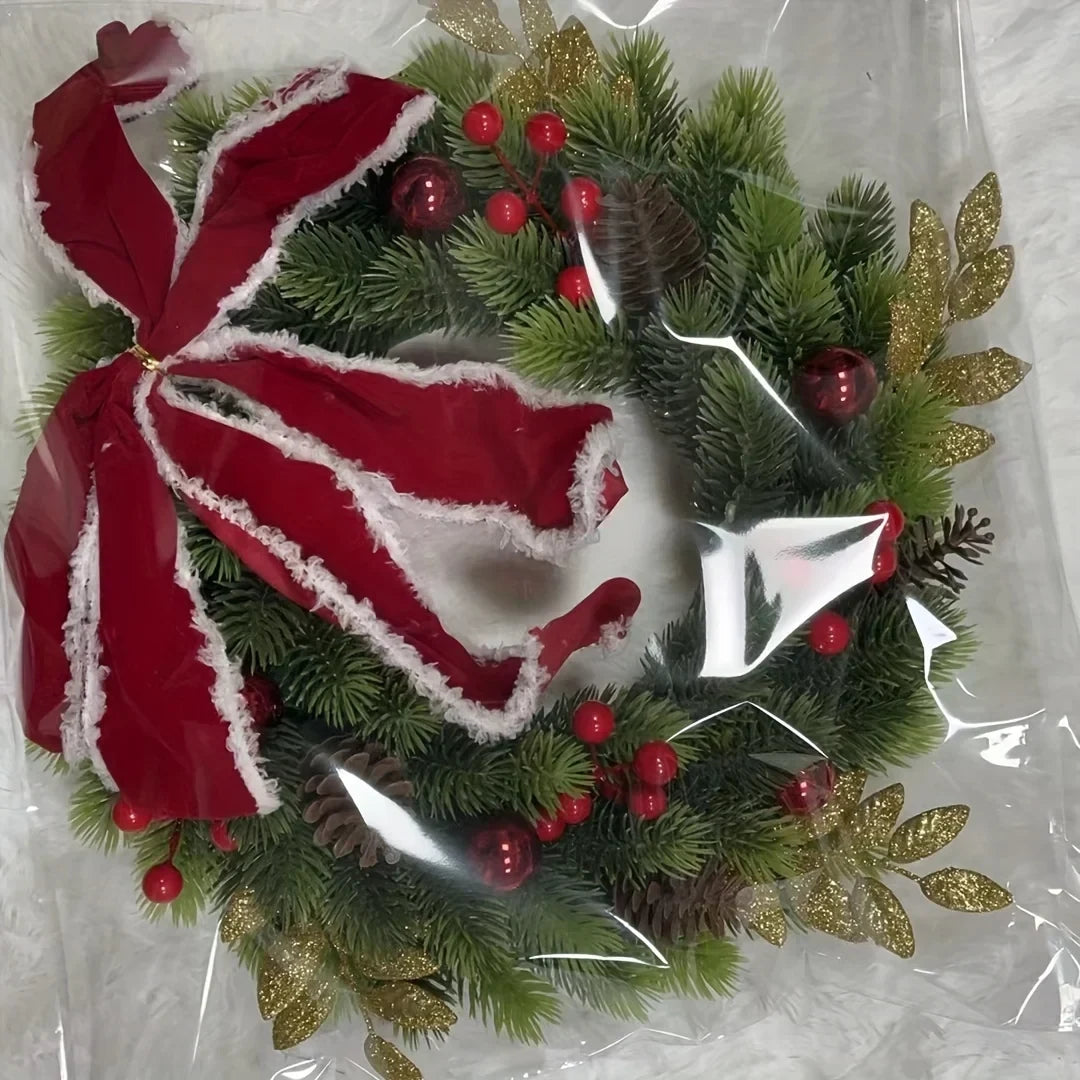 Christmas Wreath with Red Velvet Bow Artificial Pine Ornaments and Fairy Lights - Image 5