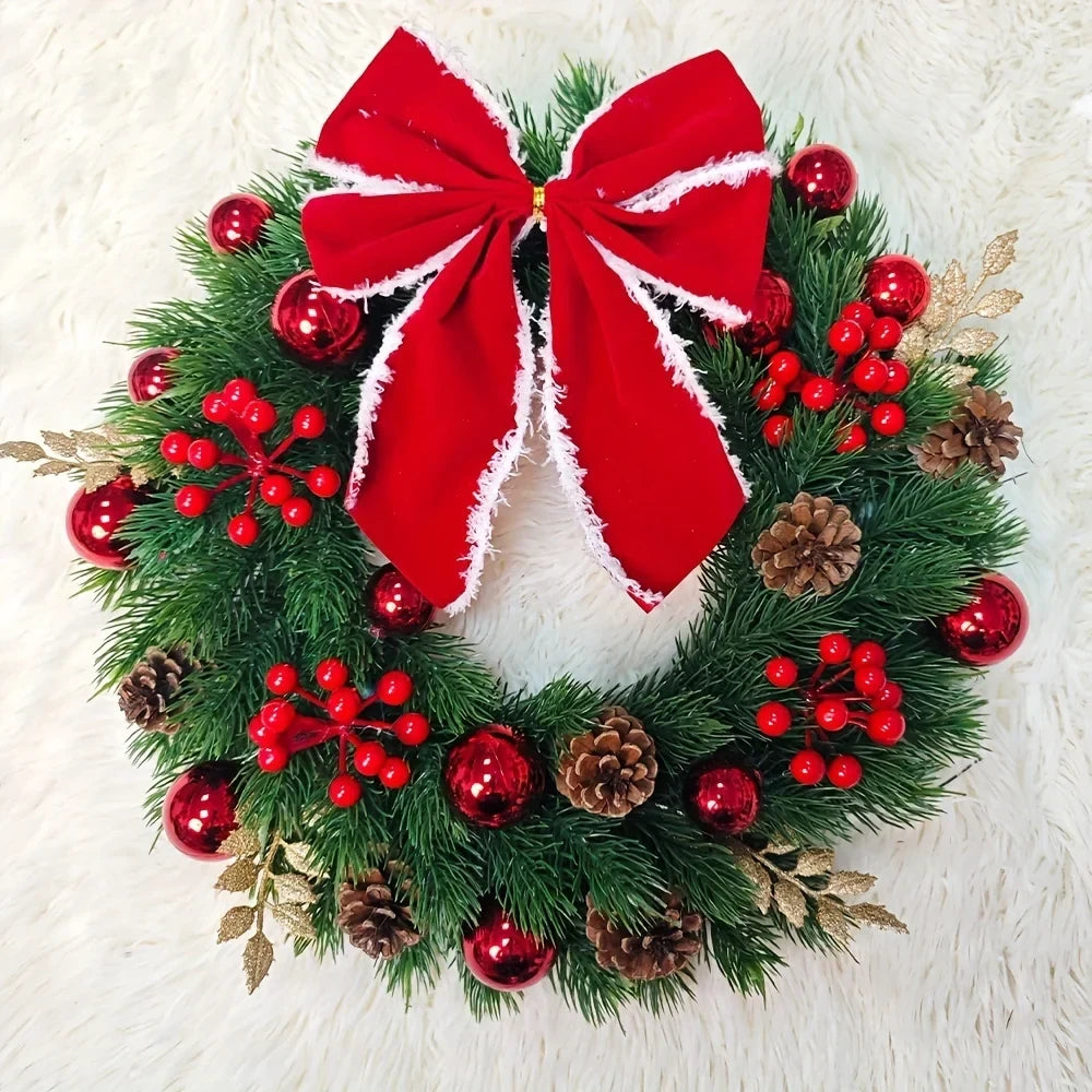 Christmas Wreath with Red Velvet Bow Artificial Pine Ornaments and Fairy Lights - Image 7