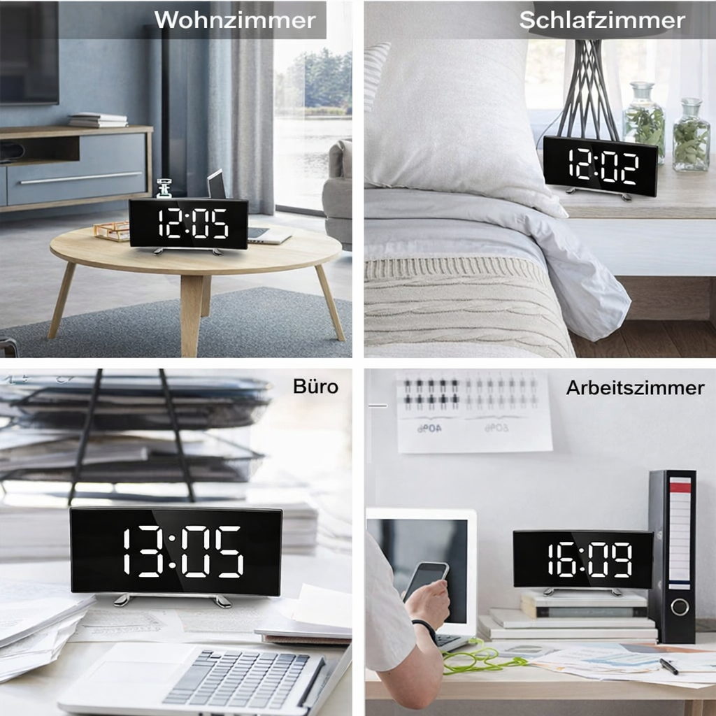 Digital Alarm Clock with Curved Mirror LED Display and Battery Powered Operation - Image 2