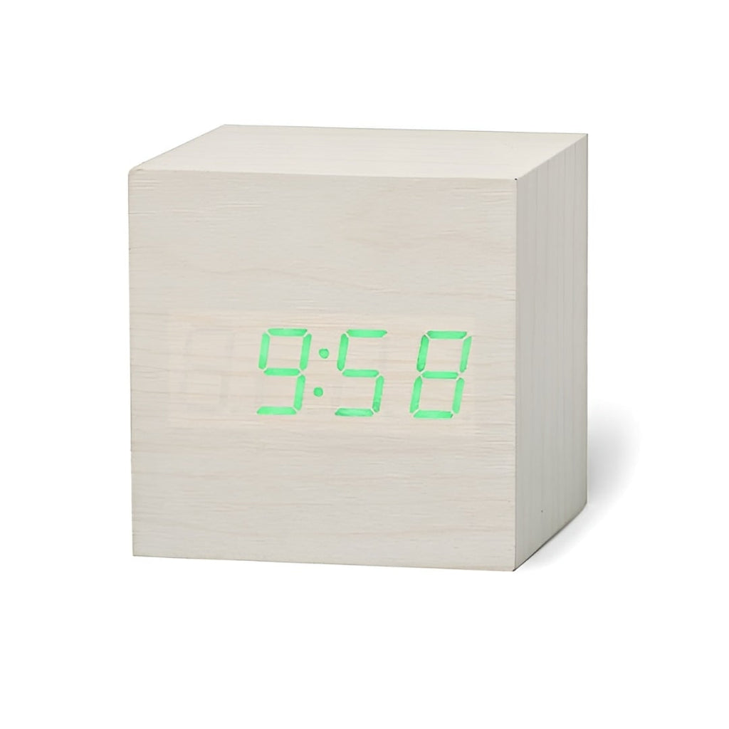 Digital Alarm Clock with LED Display and Temperature Wooden Cube Tabletop Design - Image 6