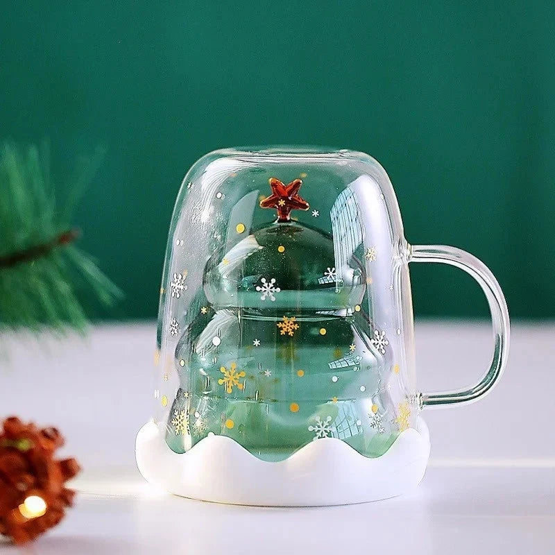 Double Wall Glass Mug Christmas Tree Shaped with Lid and Snowflake Design - Image 3