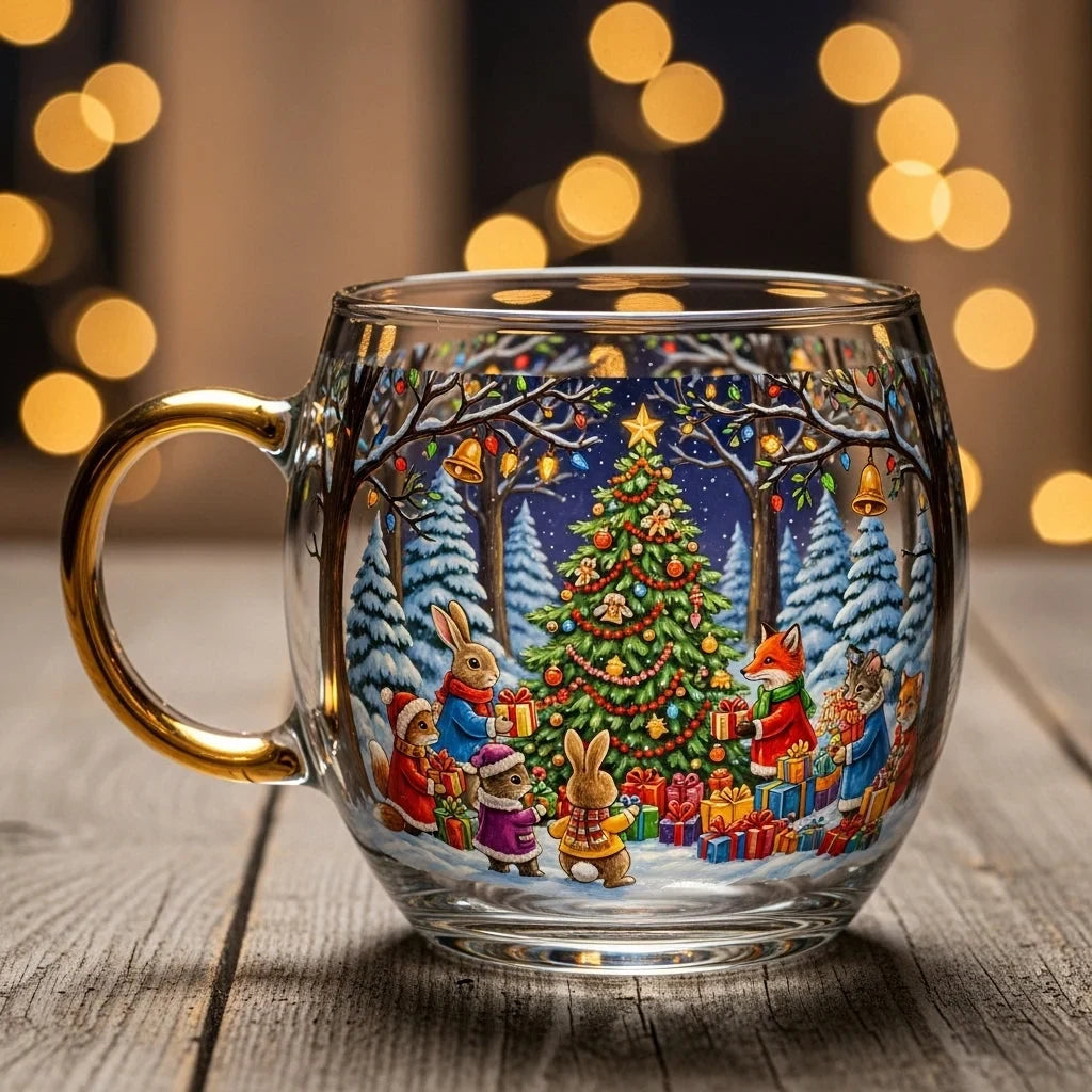 Glass Mug with Festive Holiday Illustrations and Gold-Finished Handle 8 Oz Coffee Cup - Image 2