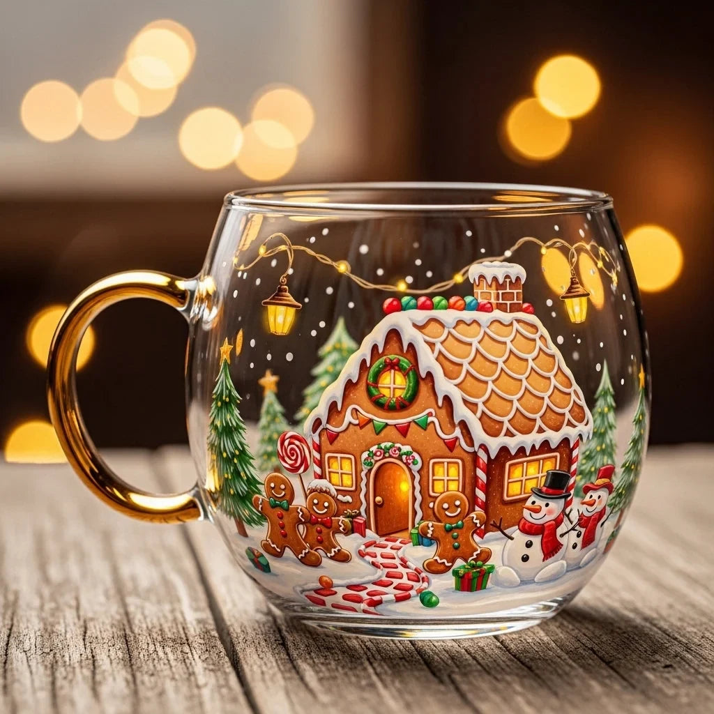 Glass Mug with Festive Holiday Illustrations and Gold-Finished Handle 8 Oz Coffee Cup - Image 3