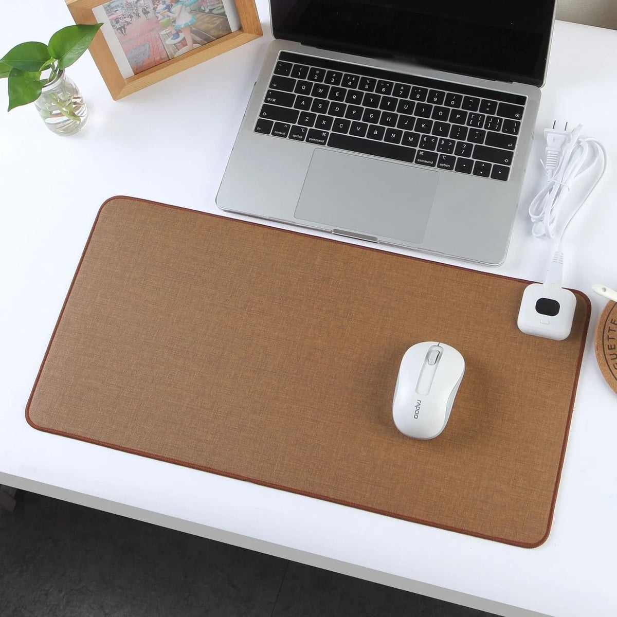 Heated Desk Mat with Adjustable Temperature Control and Stitched Linen Surface - Image 2