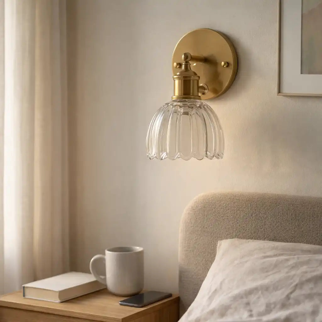 Aplique de pared con pantalla de vidrio en forma de tulipán e iluminación vintage para junto a la cama