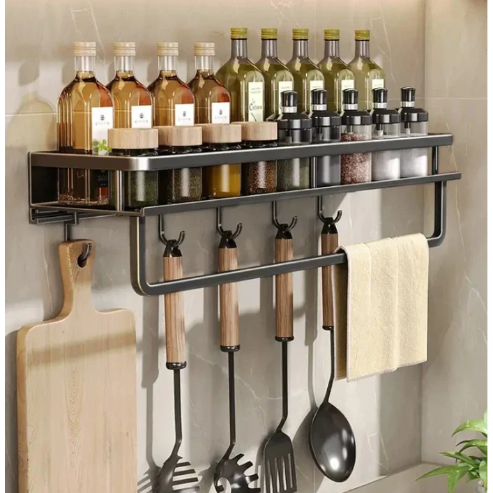 Kitchen Spice Rack Wall Mounted with Towel Bar and Sliding Hooks - Image 2