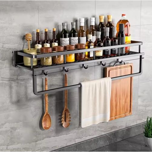 Kitchen Spice Rack Wall Mounted with Towel Bar and Sliding Hooks - Image 3