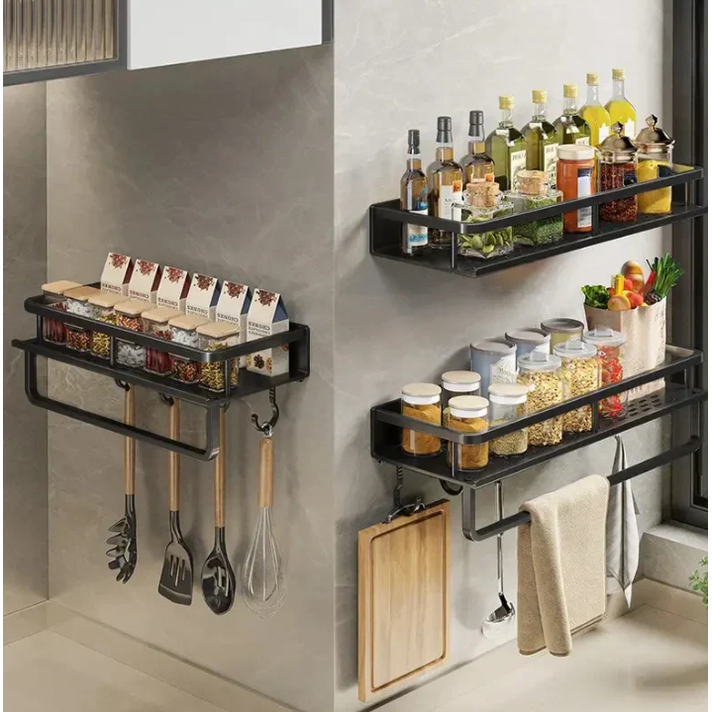 Kitchen Spice Rack Wall Mounted with Towel Bar and Sliding Hooks - Image 4