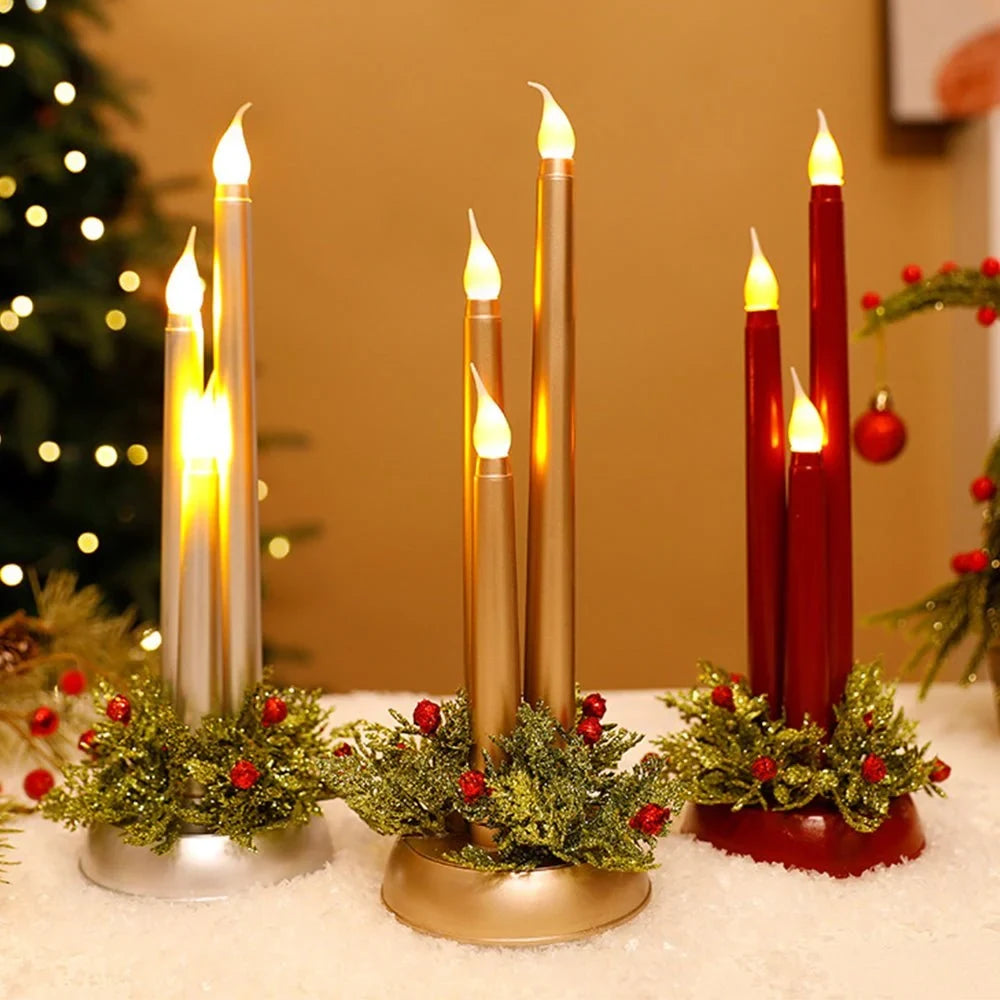 LED Candelabra Light Bulbs with Flickering Flameless Taper Candles and Holiday Greenery - Image 2