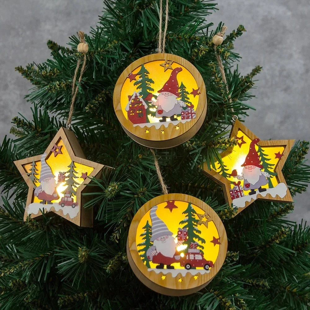 LED Light Up Christmas Ornaments with Wooden Laser-Cut Design and Warm Glow - Image 2