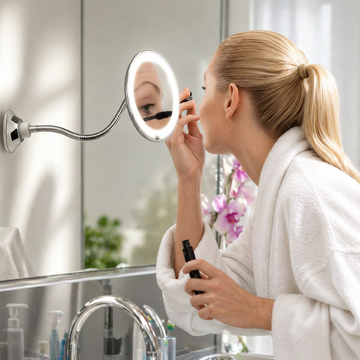 Lighted Magnifying Makeup Mirror with Flexible Gooseneck LED Light Ring and Suction Cup Base - Image 1