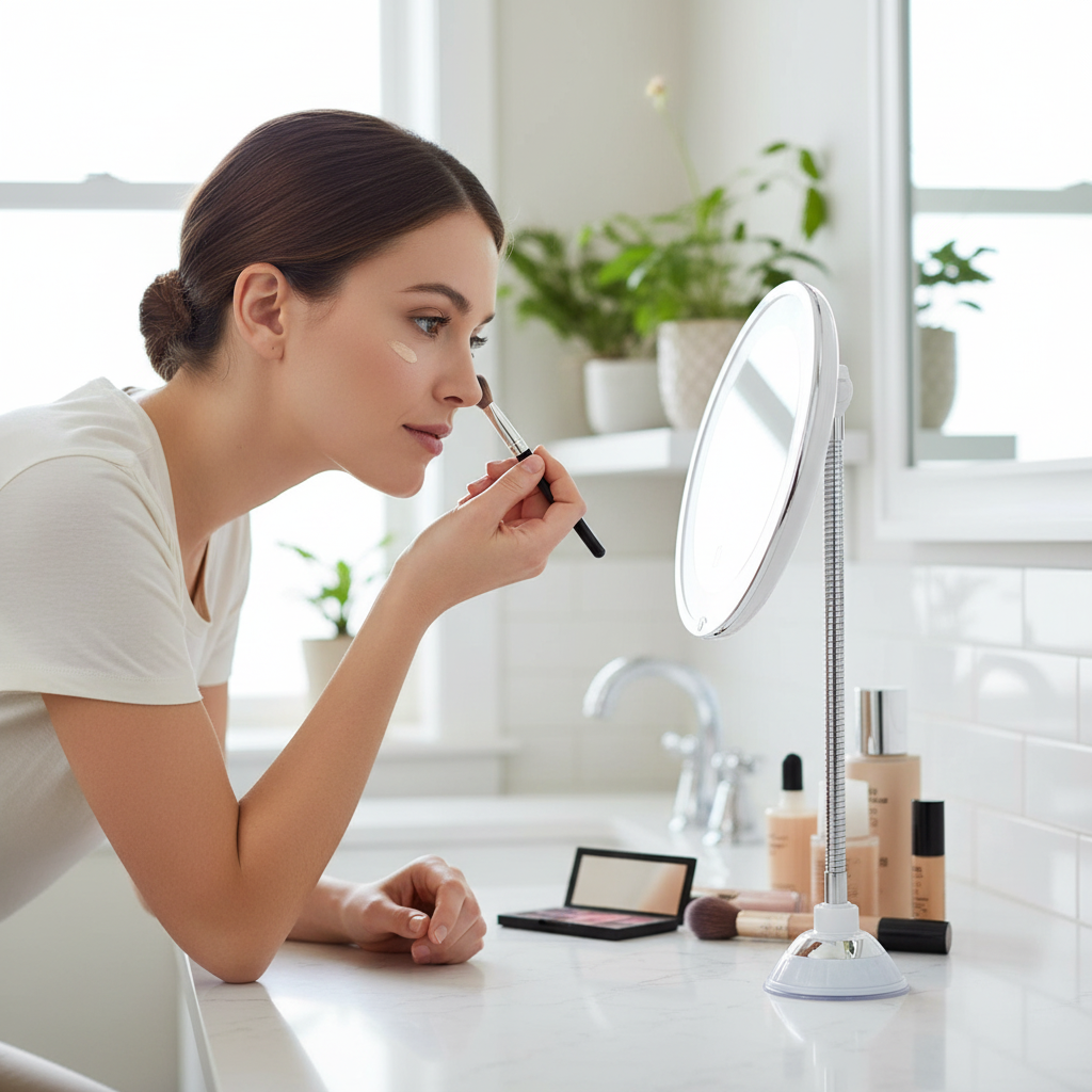 Lighted Magnifying Makeup Mirror with Flexible Gooseneck LED Light Ring and Suction Cup Base - Image 2