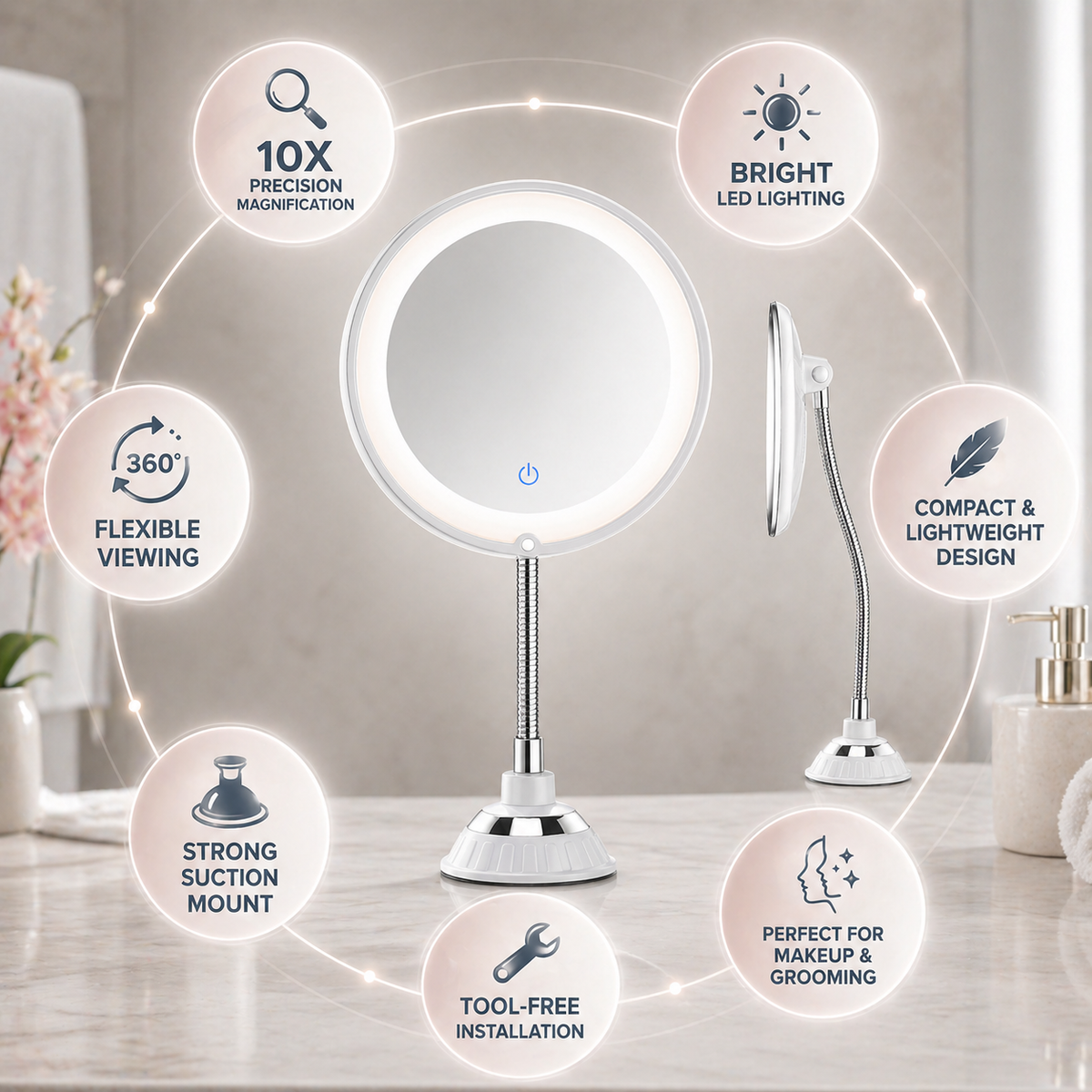 Lighted Magnifying Makeup Mirror with Flexible Gooseneck LED Light Ring and Suction Cup Base - Image 3