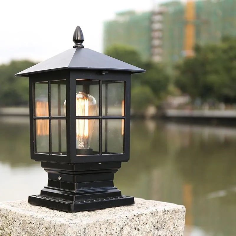 Outdoor Post Light Fixtures with Square Lantern Design and Clear Glass Panes - Image 3