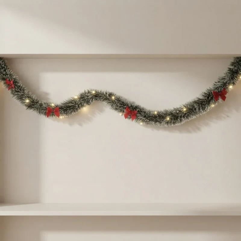 Pre-Lit Tinsel Garland with LED Lights Frosted Tips Bows - Image 1