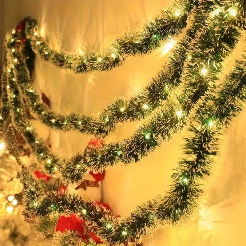 Pre-Lit Tinsel Garland with LED Lights Frosted Tips Bows - Image 2