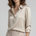 Satin Button Up Blouse with Long Sleeves and High-Low Hem - Image 1