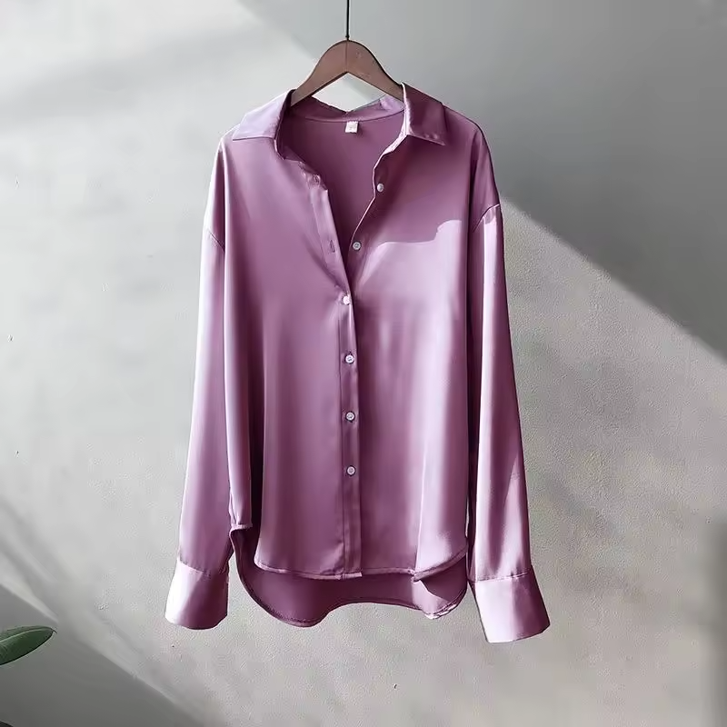 Satin Button Up Blouse with Long Sleeves and High-Low Hem - Image 5