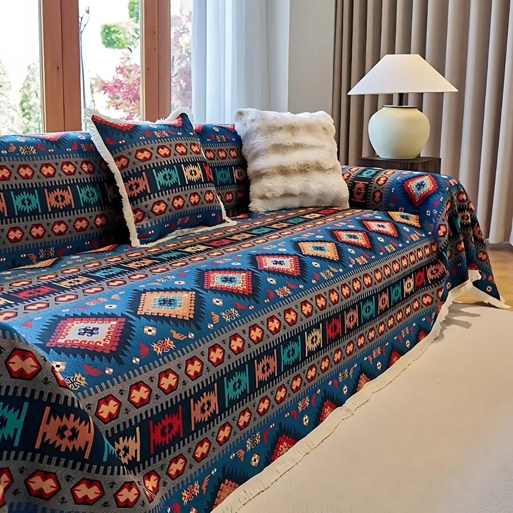 Sofa Throw Blanket with Woven Geometric Bohemian Pattern and Fringe Trim - Image 1