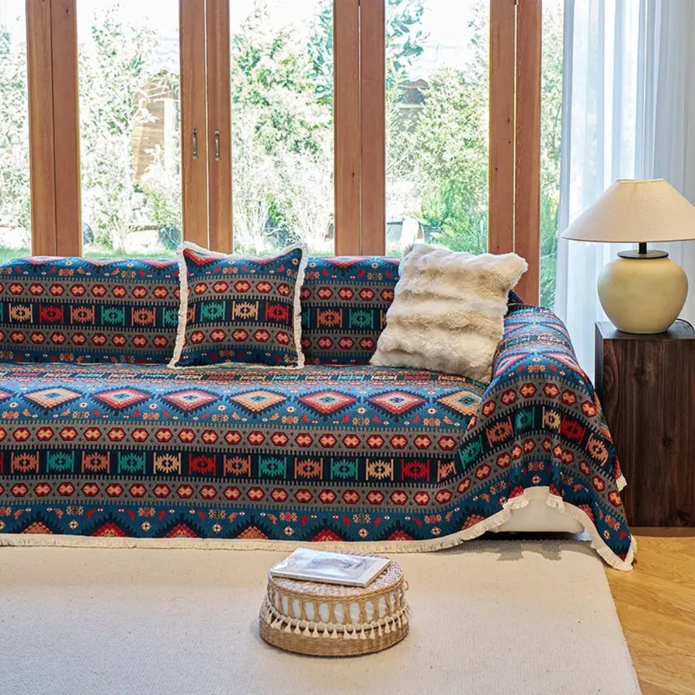 Sofa Throw Blanket with Woven Geometric Bohemian Pattern and Fringe Trim - Image 3