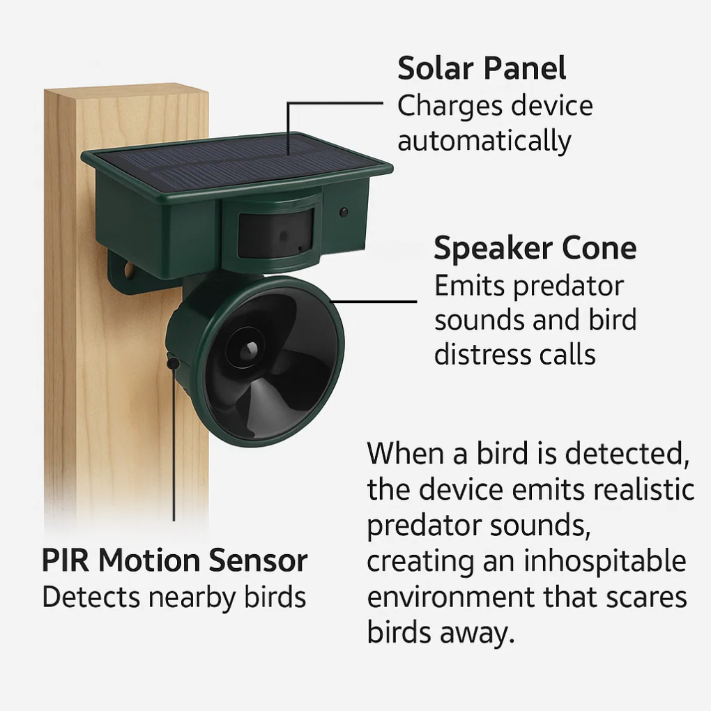 Solar Motion Activated Bird Deterrent with Ultrasonic and Sonic Repeller - Image 2