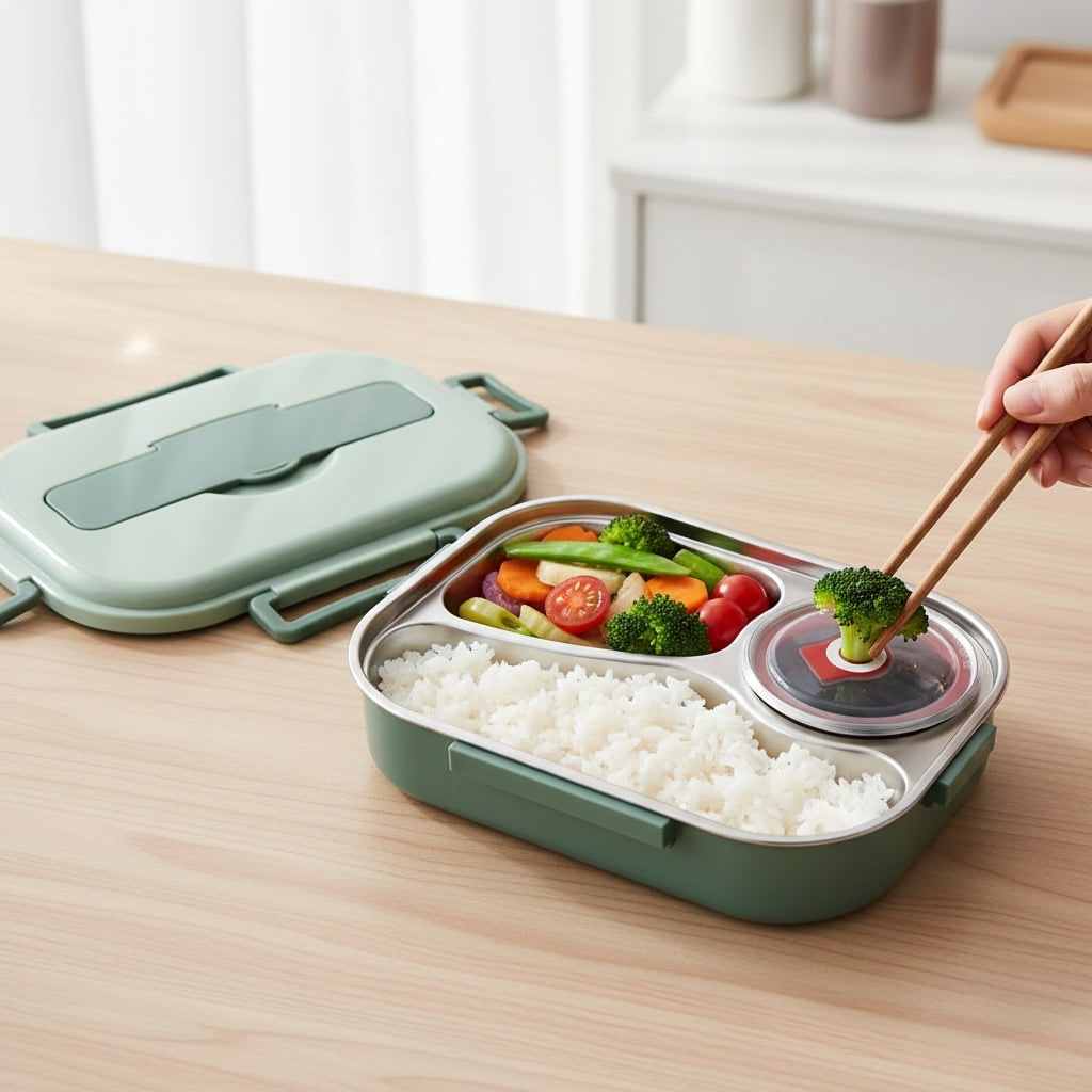 Stainless Steel Bento Lunch Box with Divided Compartments and Lidded Bowl - Image 3