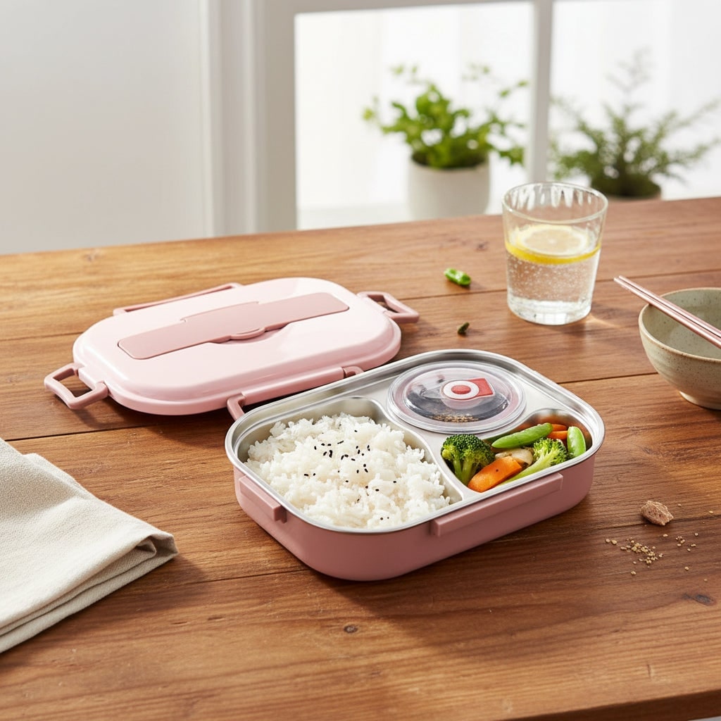Stainless Steel Bento Lunch Box with Divided Compartments and Lidded Bowl - Image 5