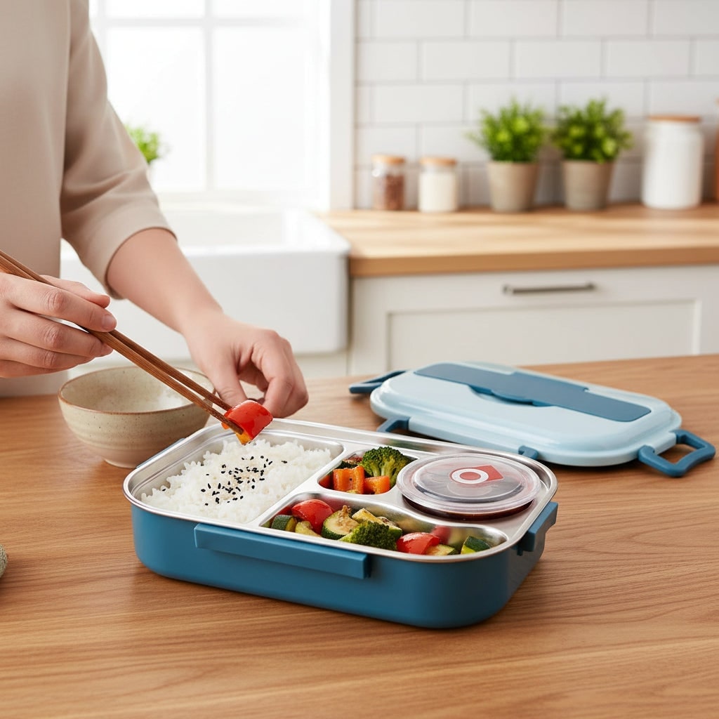Stainless Steel Bento Lunch Box with Divided Compartments and Lidded Bowl - Image 7