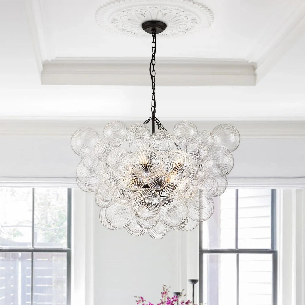Mid Century Chandelier with Ribbed Glass Bubbles and Adjustable Suspension