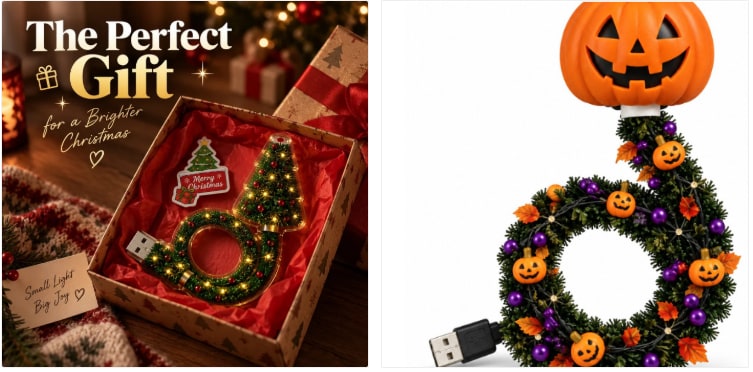 USB Flexible Christmas Tree Light with Projector and Miniature LED Ornaments - Image 6
