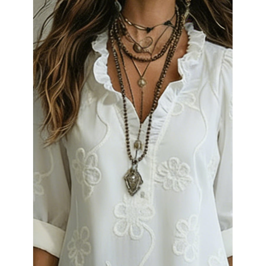 Women's A-Line Maxi Dress with Ruffled Collar and Floral Embroidery - Image 2