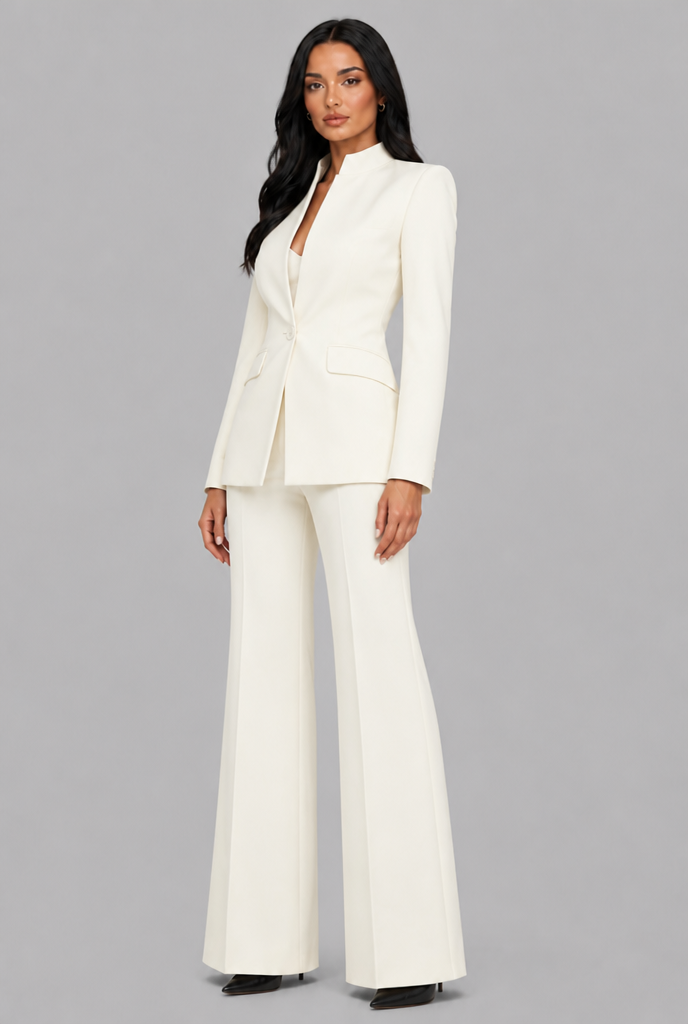 Der elfenbeinfarbene Hosenanzug mit ausgestellter Hose