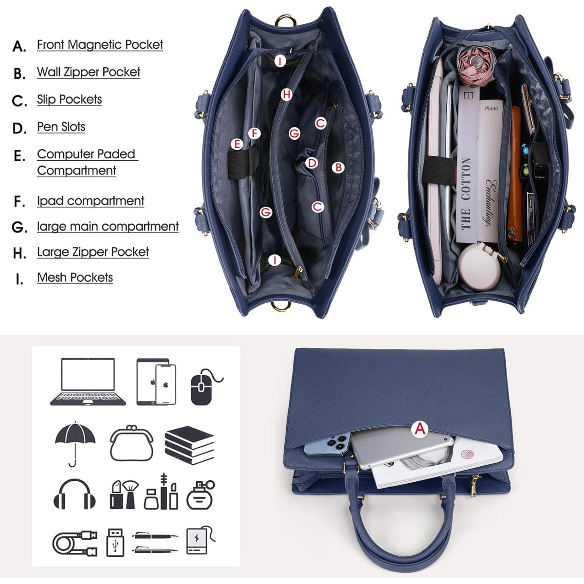 Women's Laptop Tote Bag with Shoulder Strap Multiple Compartments and Padded - Image 21