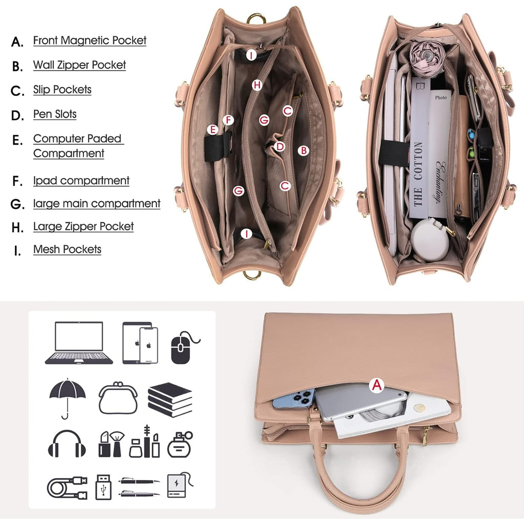 Women's Laptop Tote Bag with Shoulder Strap Multiple Compartments and Padded - Image 9