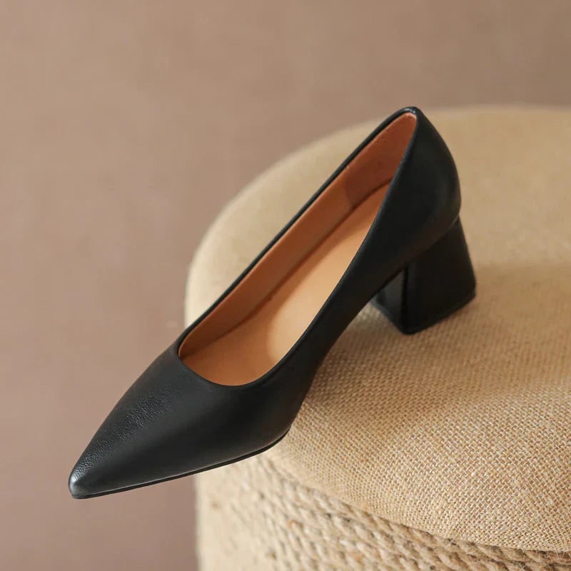 Women's Pointed Toe Block Heel Pumps with Leather Upper and Padded Insole - Image 3