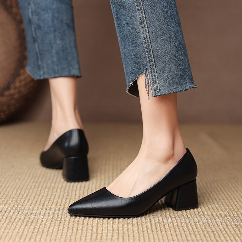 Women's Pointed Toe Block Heel Pumps with Leather Upper and Padded Insole - Image 6