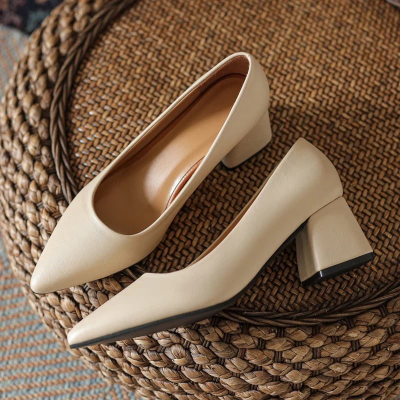 Women's Pointed Toe Block Heel Pumps with Leather Upper and Padded Insole - Image 7