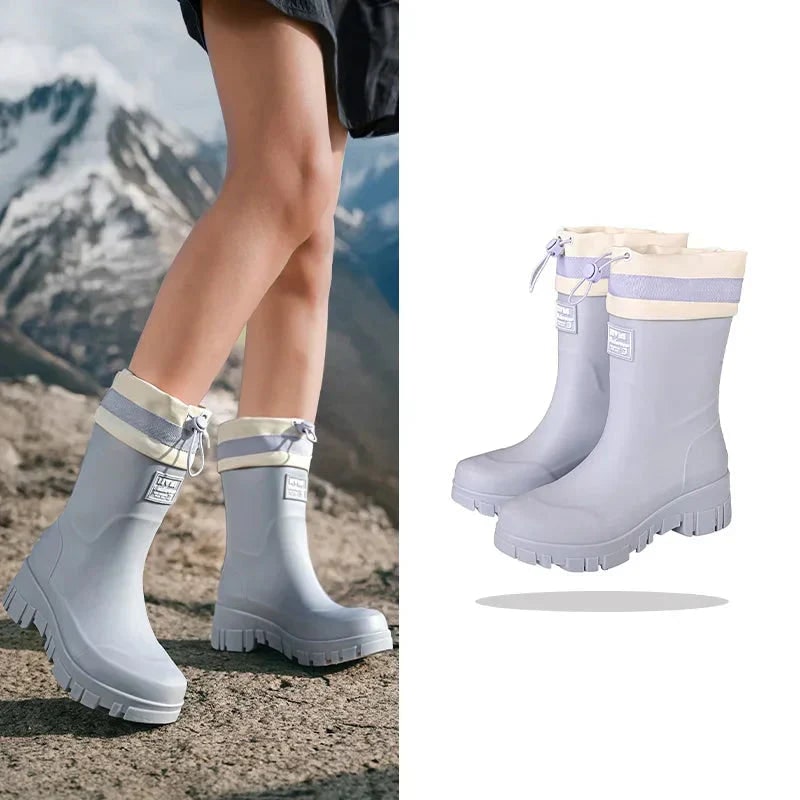Women's Waterproof Rubber Rain Boots with Drawstring Collar and Chunky Lug Sole - Image 16