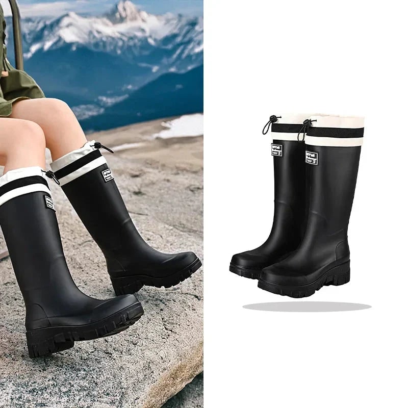 Women's Waterproof Rubber Rain Boots with Drawstring Collar and Chunky Lug Sole - Image 7