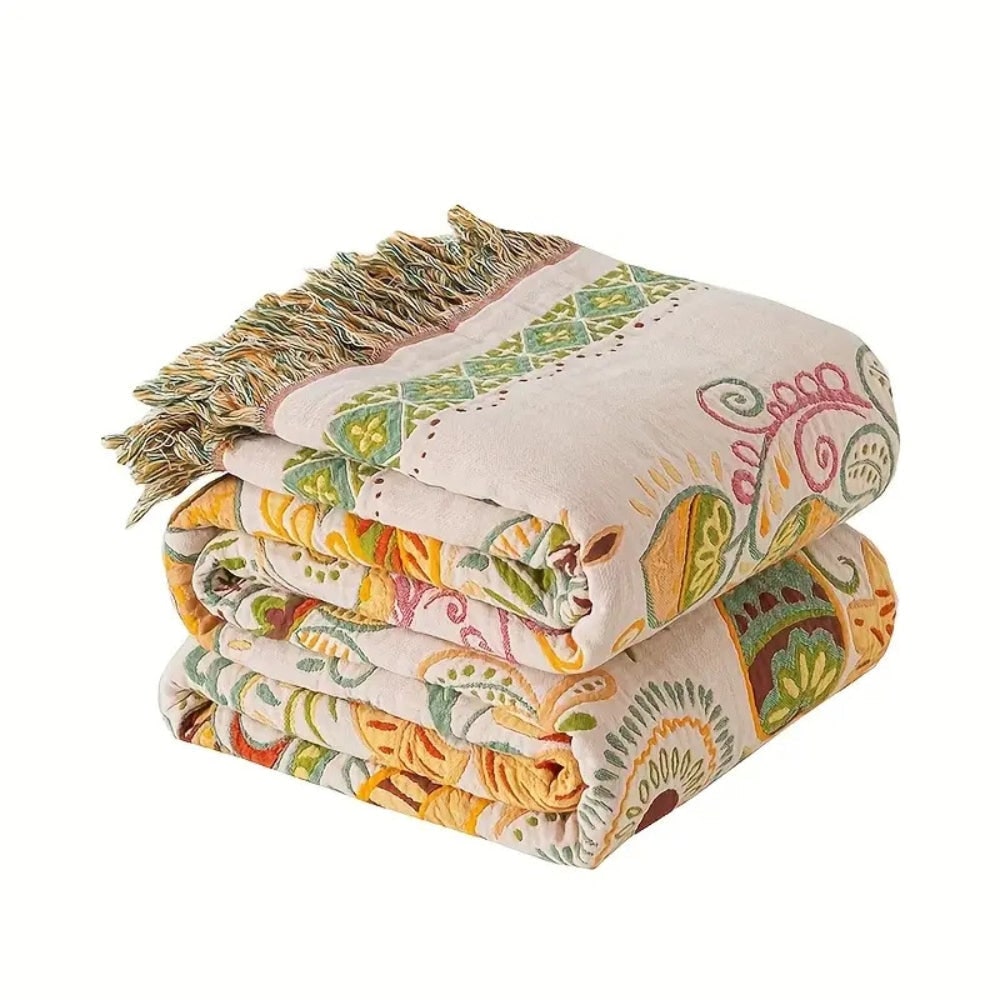 Woven Throw Blanket with Reversible Boho Floral Pattern and Fringe - Image 6