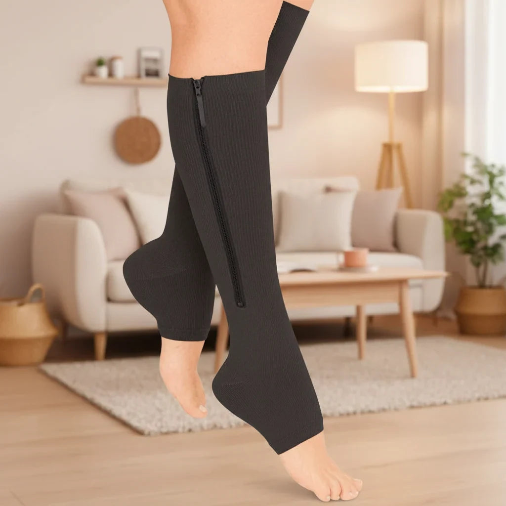 Zipper Compression Socks with Open Toe and Knee High Length for Graduated Support - Image 1