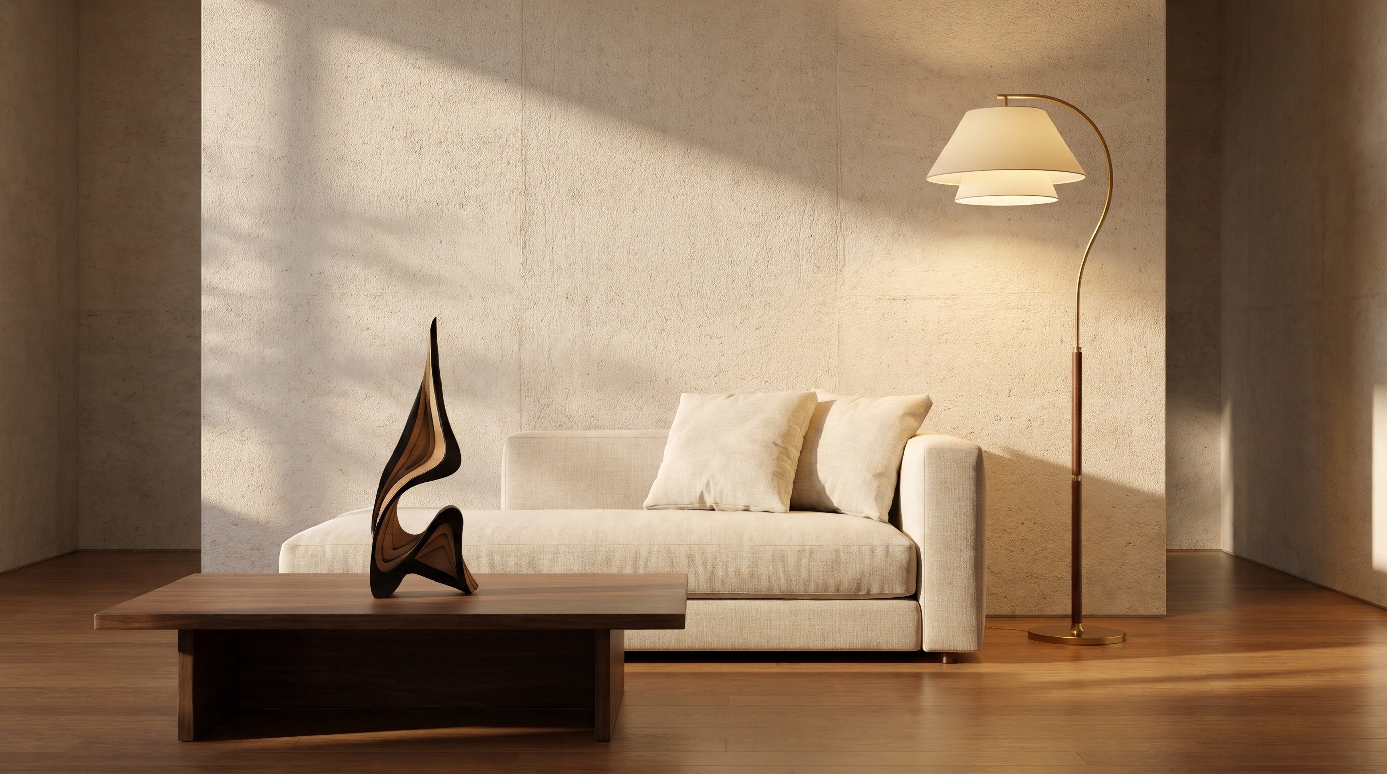 Sculptural objects and warm lighting in a calm interior
